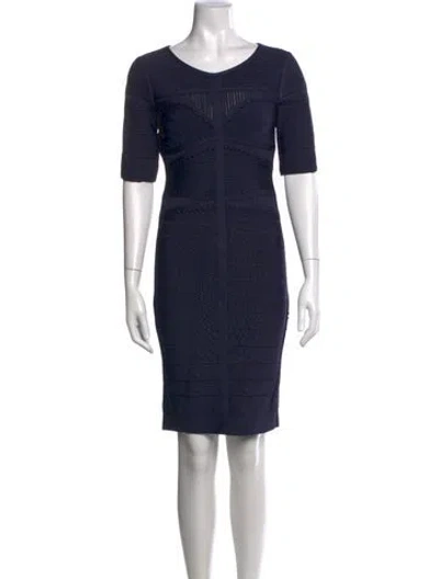 Pre-owned Herve Leger V-neck Knee-length Dress In Blue