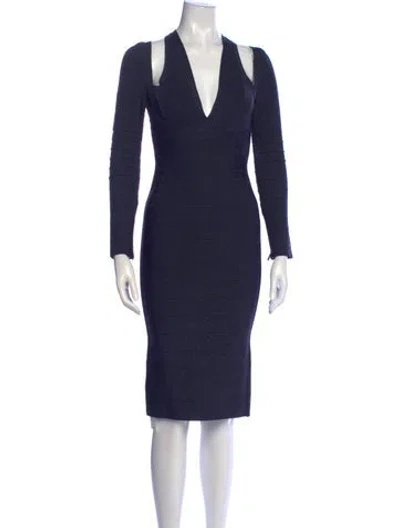 Pre-owned Herve Leger V-neck Knee-length Dress In Blue