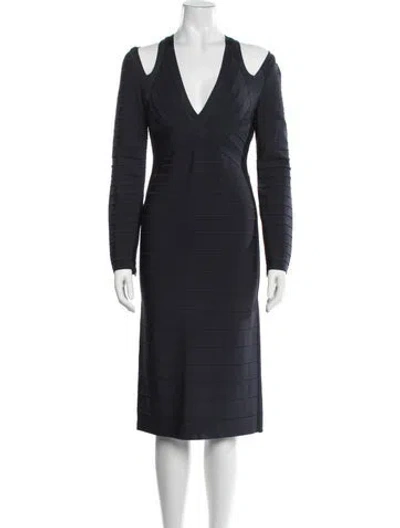 Pre-owned Herve Leger V-neck Knee-length Dress In Blue