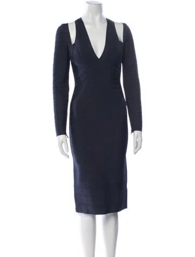 Pre-owned Herve Leger V-neck Knee-length Dress In Blue