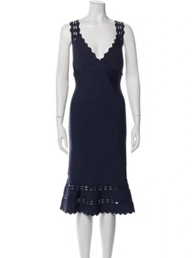 Pre-owned Herve Leger V-neck Knee-length Dress In Blue