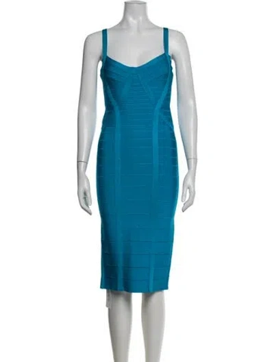 Pre-owned Herve Leger V-neck Knee-length Dress In Blue