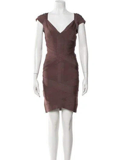 Pre-owned Herve Leger V-neck Knee-length Dress In Brown