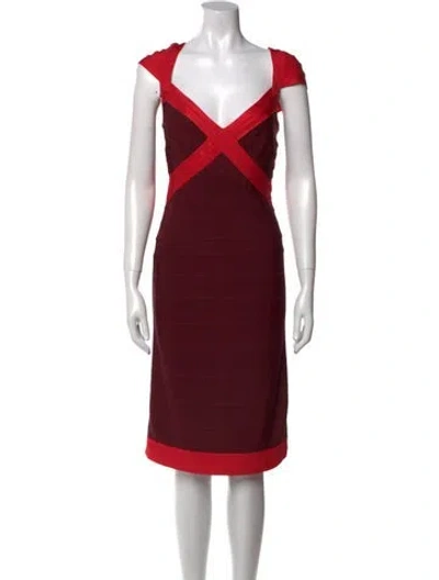 Pre-owned Herve Leger V-neck Knee-length Dress In Burgundy