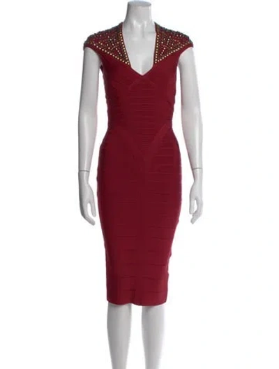 Pre-owned Herve Leger V-neck Knee-length Dress In Burgundy