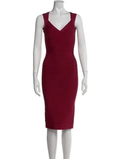 Pre-owned Herve Leger V-neck Knee-length Dress In Burgundy
