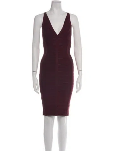Pre-owned Herve Leger V-neck Knee-length Dress In Burgundy/metallic