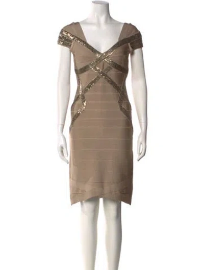 Pre-owned Herve Leger V-neck Knee-length Dress In Gold