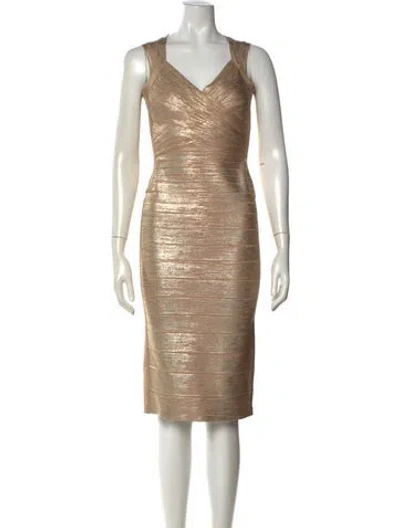 Pre-owned Herve Leger V-neck Knee-length Dress In Gold