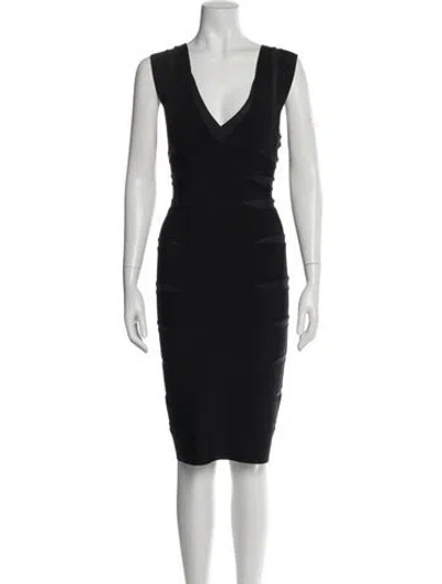Pre-owned Herve Leger V-neck Knee-length Dress In Gray