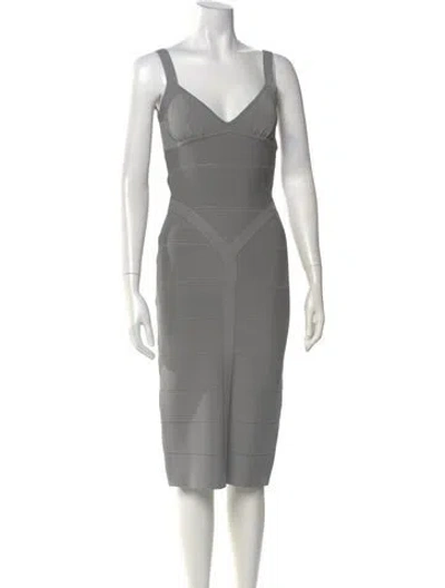Pre-owned Herve Leger V-neck Knee-length Dress In Gray
