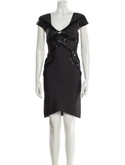 Pre-owned Herve Leger V-neck Knee-length Dress In Gray