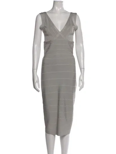 Pre-owned Herve Leger V-neck Knee-length Dress In Gray