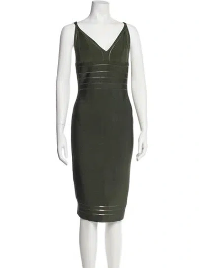 Pre-owned Herve Leger V-neck Knee-length Dress In Green