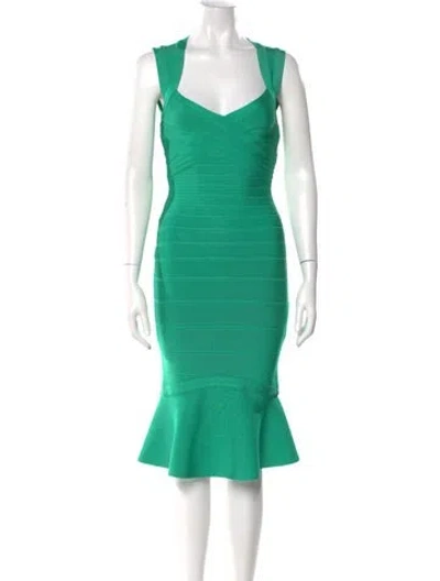 Pre-owned Herve Leger V-neck Knee-length Dress In Green