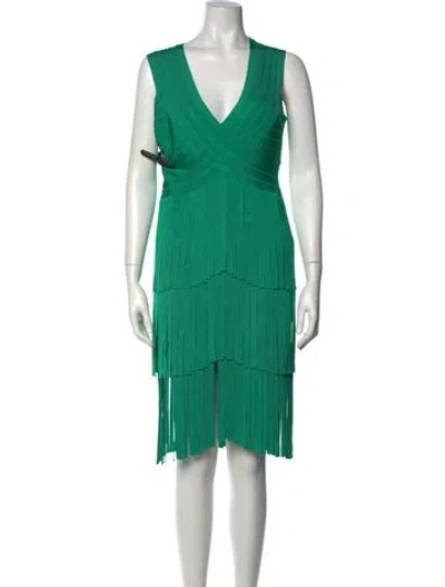 Pre-owned Herve Leger V-neck Knee-length Dress In Green