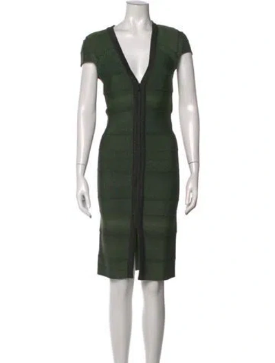 Pre-owned Herve Leger V-neck Knee-length Dress In Green