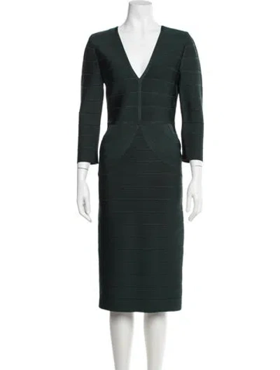 Pre-owned Herve Leger V-neck Knee-length Dress In Green