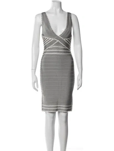 Pre-owned Herve Leger V-neck Knee-length Dress In Grey