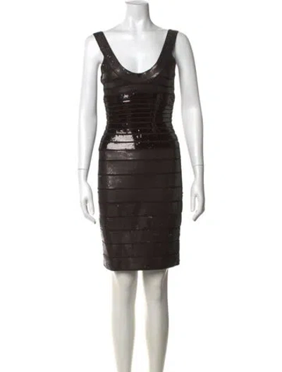 Pre-owned Herve Leger V-neck Knee-length Dress In Grey