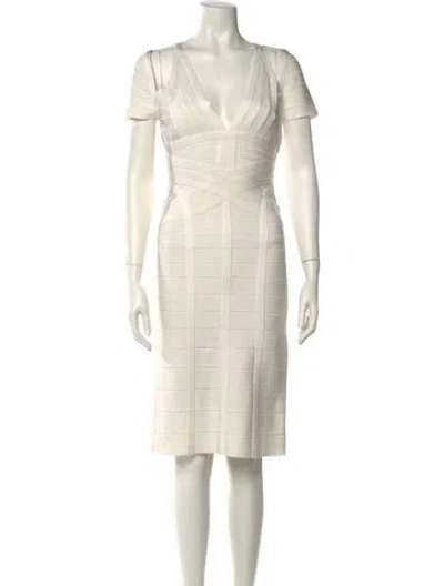 Pre-owned Herve Leger V-neck Knee-length Dress In Neutral