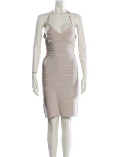 Pre-owned Herve Leger V-neck Knee-length Dress In Neutral