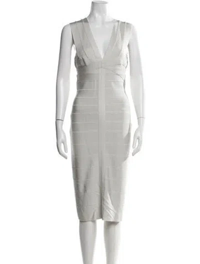 Pre-owned Herve Leger V-neck Knee-length Dress In Neutral