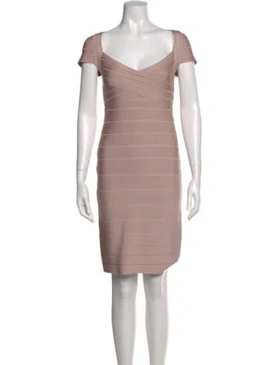 Pre-owned Herve Leger V-neck Knee-length Dress In Neutral