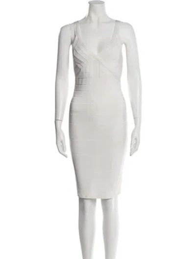 Pre-owned Herve Leger V-neck Knee-length Dress In Neutral