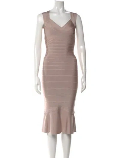 Pre-owned Herve Leger V-neck Knee-length Dress In Neutral