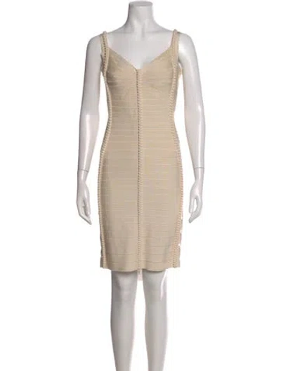 Pre-owned Herve Leger V-neck Knee-length Dress In Neutral