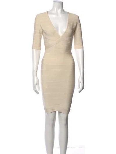 Pre-owned Herve Leger V-neck Knee-length Dress In Neutral