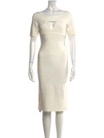 Pre-owned Herve Leger V-neck Knee-length Dress In Neutral