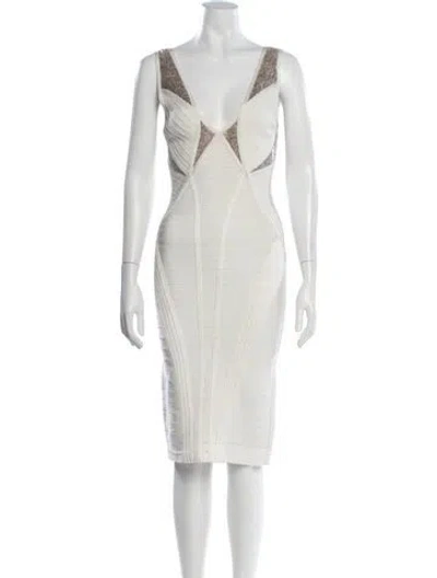 Pre-owned Herve Leger V-neck Knee-length Dress In Neutrals