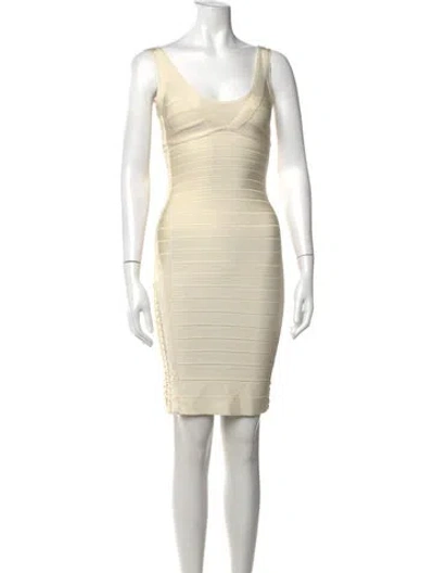 Pre-owned Herve Leger V-neck Knee-length Dress In Neutrals