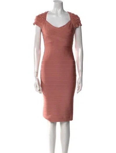 Pre-owned Herve Leger V-neck Knee-length Dress In Orange