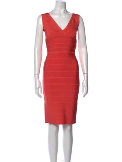 Pre-owned Herve Leger V-neck Knee-length Dress In Orange