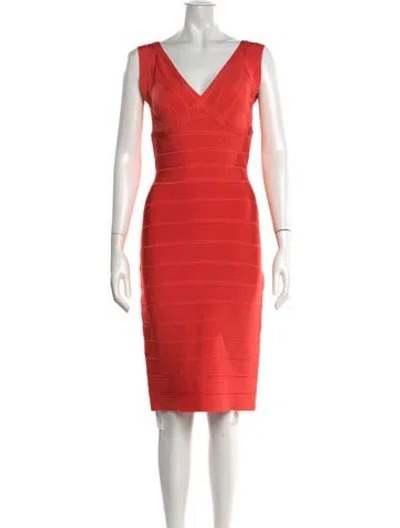 Pre-owned Herve Leger V-neck Knee-length Dress In Orange