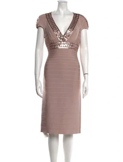 Pre-owned Herve Leger V-neck Knee-length Dress In Pink