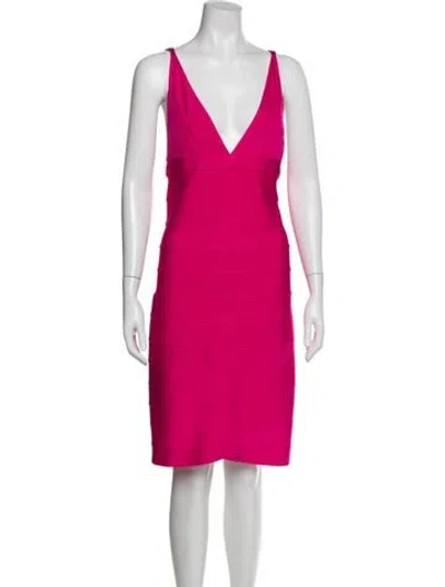 Pre-owned Herve Leger V-neck Knee-length Dress In Pink
