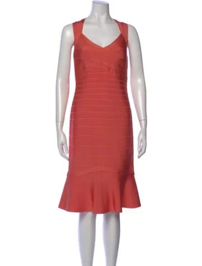 Pre-owned Herve Leger V-neck Knee-length Dress In Pink