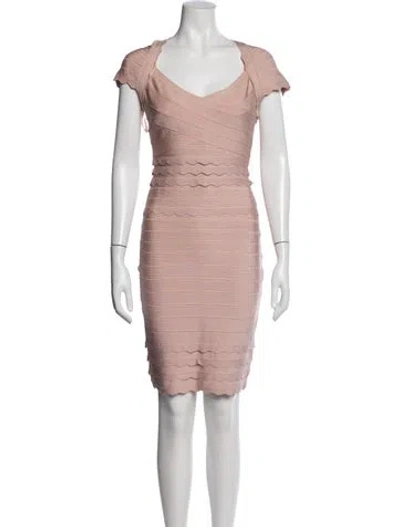 Pre-owned Herve Leger V-neck Knee-length Dress In Pink