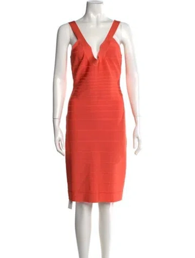 Pre-owned Herve Leger V-neck Knee-length Dress In Pink
