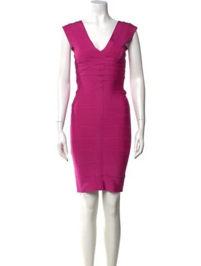 Pre-owned Herve Leger V-neck Knee-length Dress In Pink
