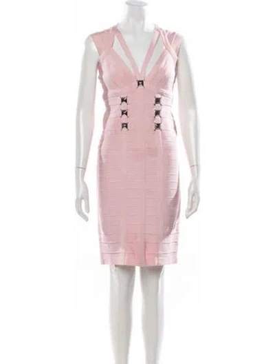 Pre-owned Herve Leger V-neck Knee-length Dress In Pink