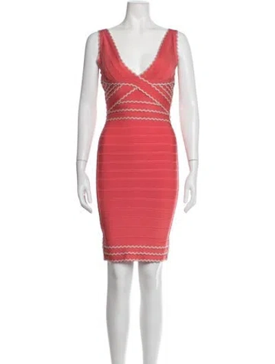 Pre-owned Herve Leger V-neck Knee-length Dress In Pink