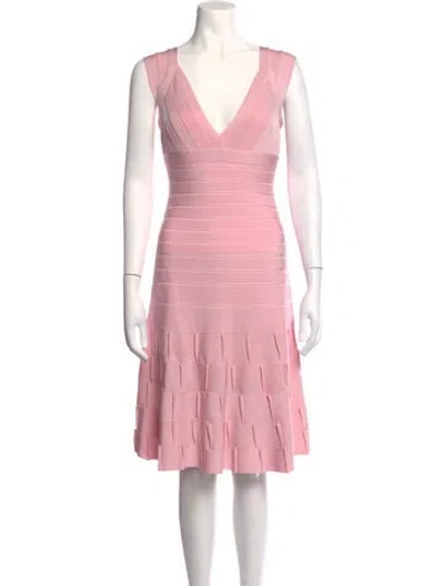 Pre-owned Herve Leger V-neck Knee-length Dress In Pink