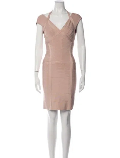 Pre-owned Herve Leger V-neck Knee-length Dress In Pink