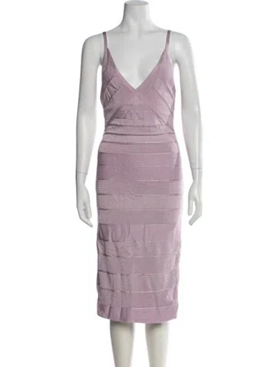 Pre-owned Herve Leger V-neck Knee-length Dress In Purple