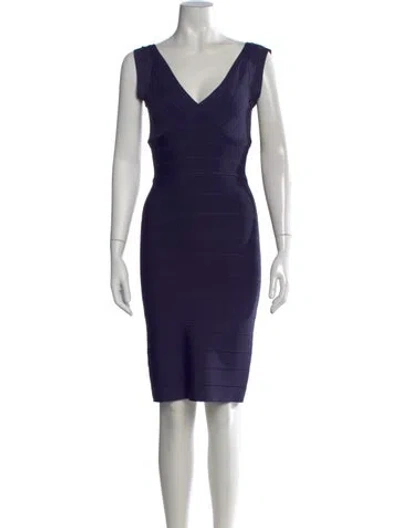Pre-owned Herve Leger V-neck Knee-length Dress In Purple
